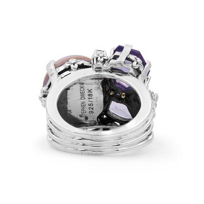 Rockrageous Multi-Hued Citrine Rhodolite Garnet Tourmaline Amethyst Sapphire and Mabe Pearl Ring in Sterling Silver with 18K Gold and Diamond Flowers