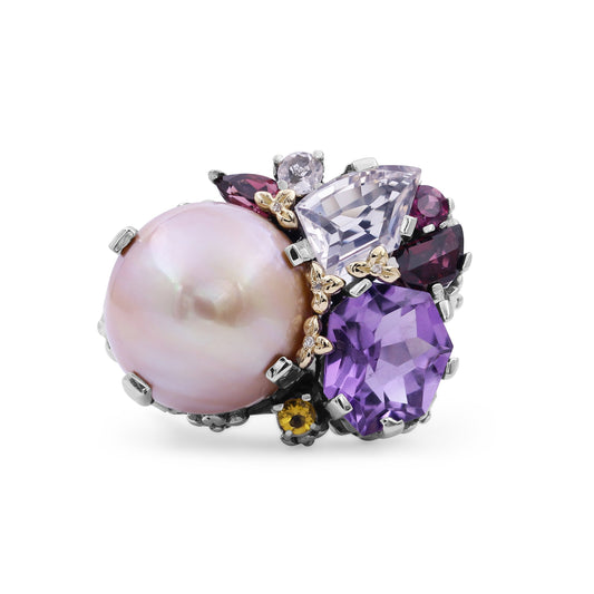 Rockrageous Multi-Hued Citrine Rhodolite Garnet Tourmaline Amethyst Sapphire and Mabe Pearl Ring in Sterling Silver with 18K Gold and Diamond Flowers