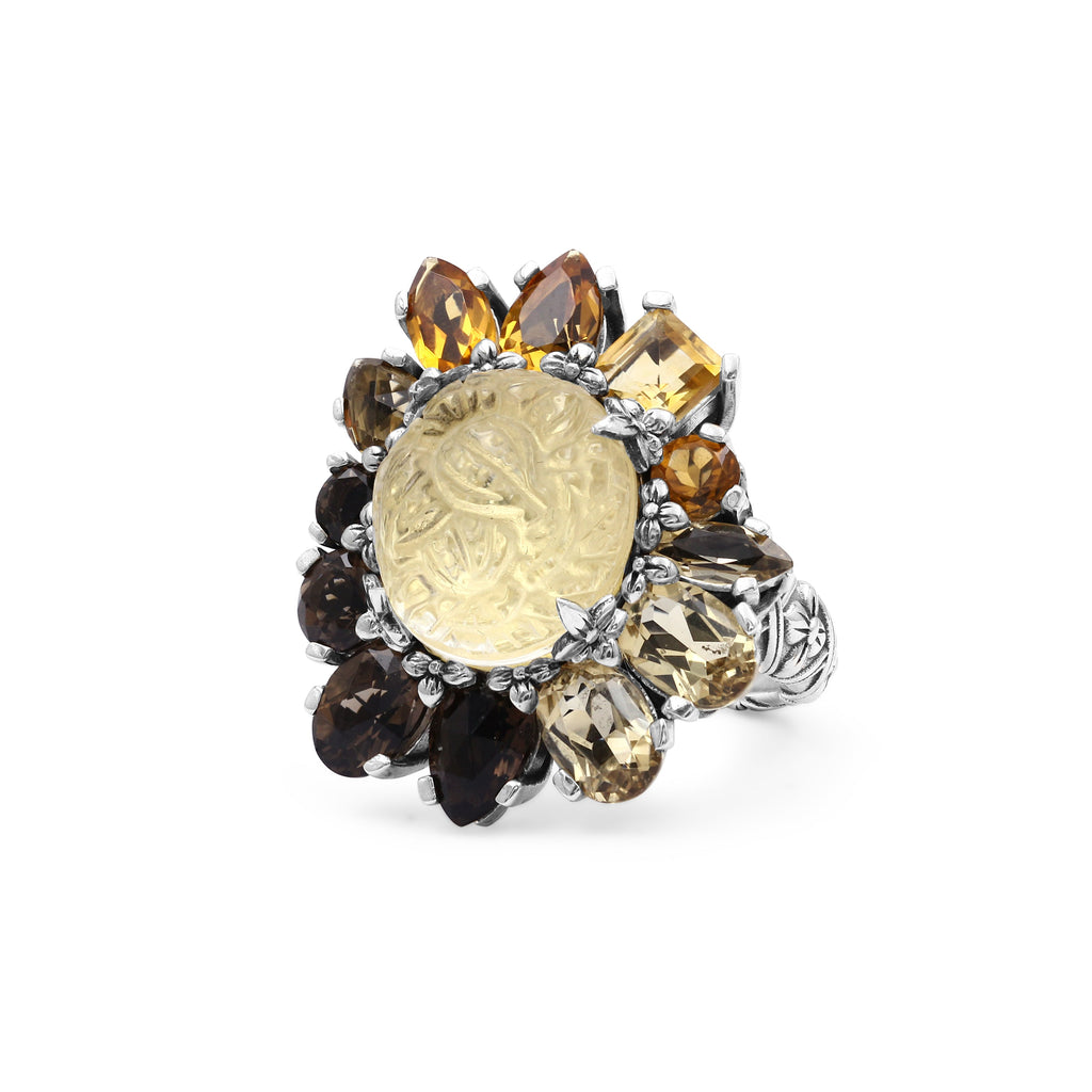 Rockrageous Hand Carved Natural Quartz Gold Lining Citrine Smoky Cognac and Champagne Quartz Ring in Sterling Silver