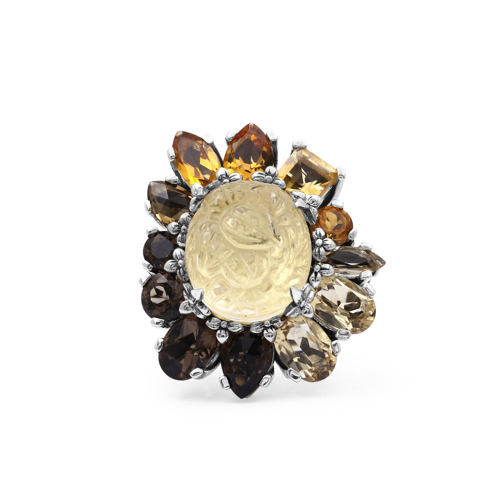 Rockrageous Hand Carved Natural Quartz Gold Lining Citrine Smoky Cognac and Champagne Quartz Ring in Sterling Silver