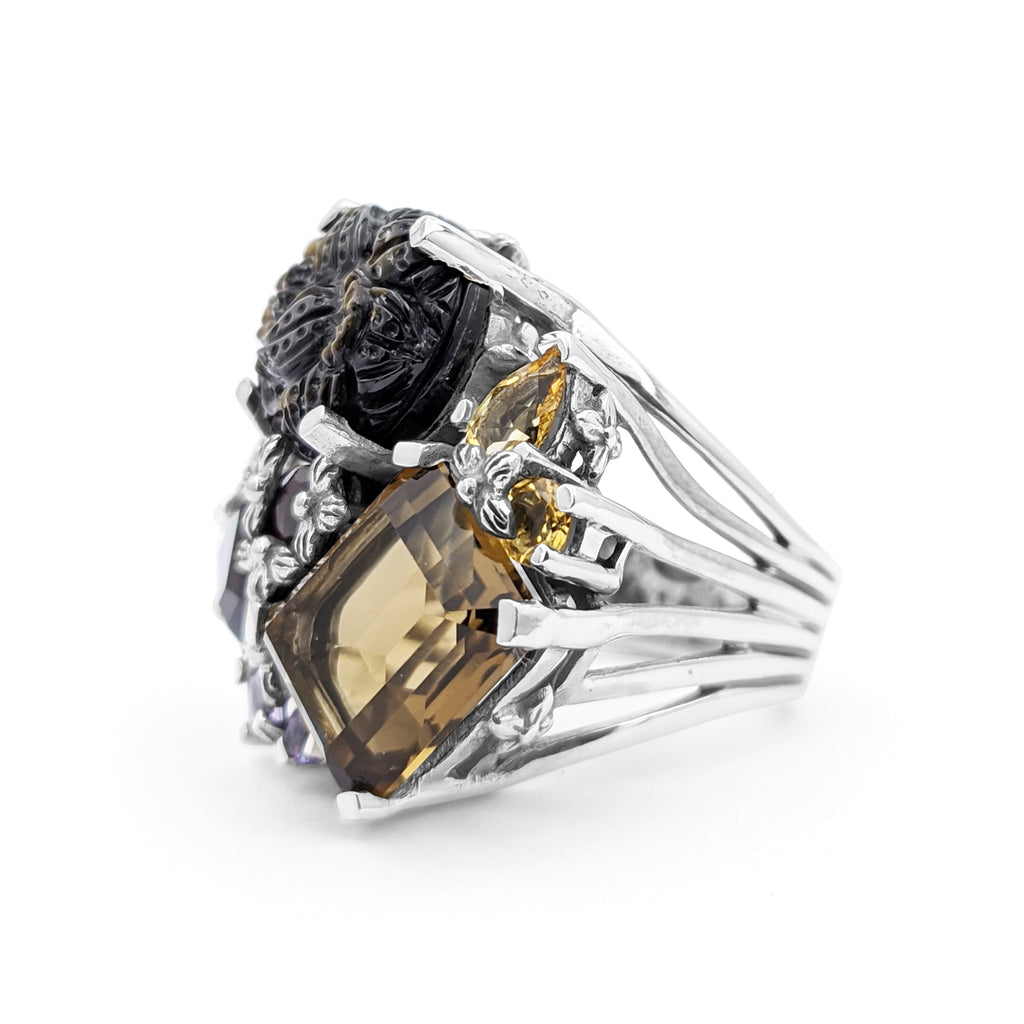 Rockrageous Hand Carved Tahitian Mother of Pearl Garnet Sapphire Amethyst Citrine and Cognac Quartz Ring in Sterling Silver