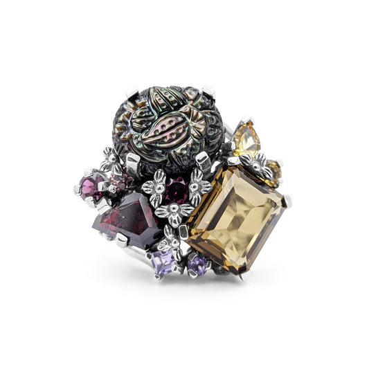 Rockrageous Hand Carved Tahitian Mother of Pearl Garnet Sapphire Amethyst Citrine and Cognac Quartz Ring in Sterling Silver