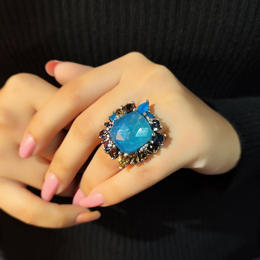 Rockrageous Gold Hair Rutilated Quartz Agate Chalcedony Iolite Citrine Smoky and Cognac Quartz Ring in Sterling Silver