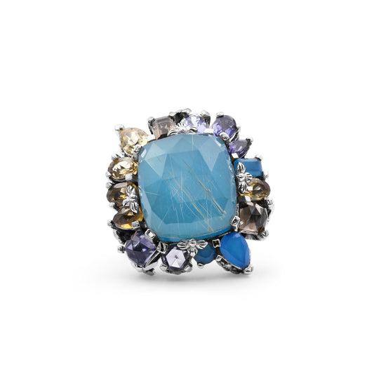 Rockrageous Gold Hair Rutilated Quartz Agate Chalcedony Iolite Citrine Smoky and Cognac Quartz Ring in Sterling Silver