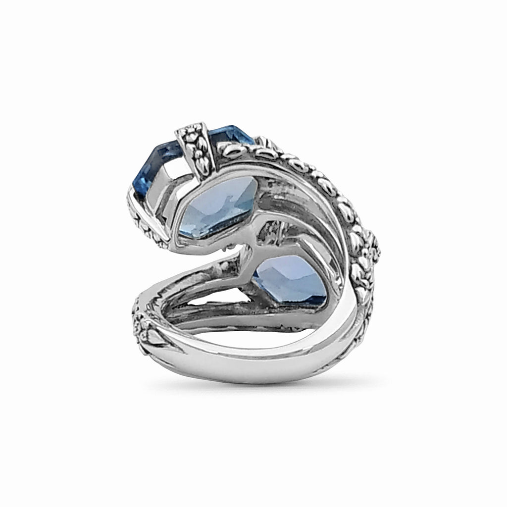 Galactical Blue Topaz Double Stone Ring with Engraved Sterling Silver