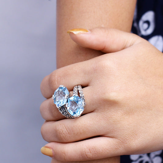 Galactical Blue Topaz Double Stone Ring with Engraved Sterling Silver