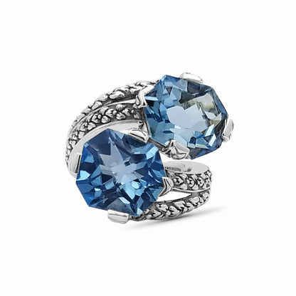 Galactical Blue Topaz Double Stone Ring with Engraved Sterling Silver