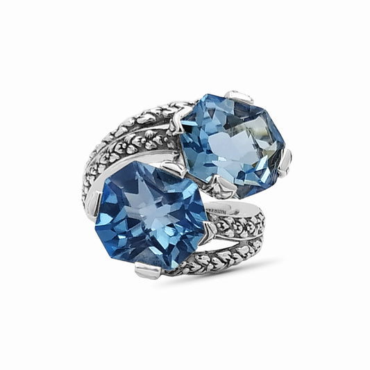 Galactical Blue Topaz Double Stone Ring with Engraved Sterling Silver
