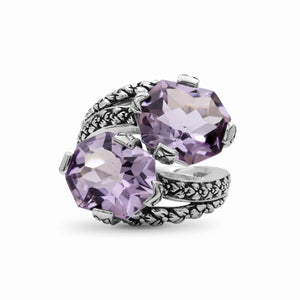 Galactical Amethyst Double Stone Ring with Engraved Sterling Silver