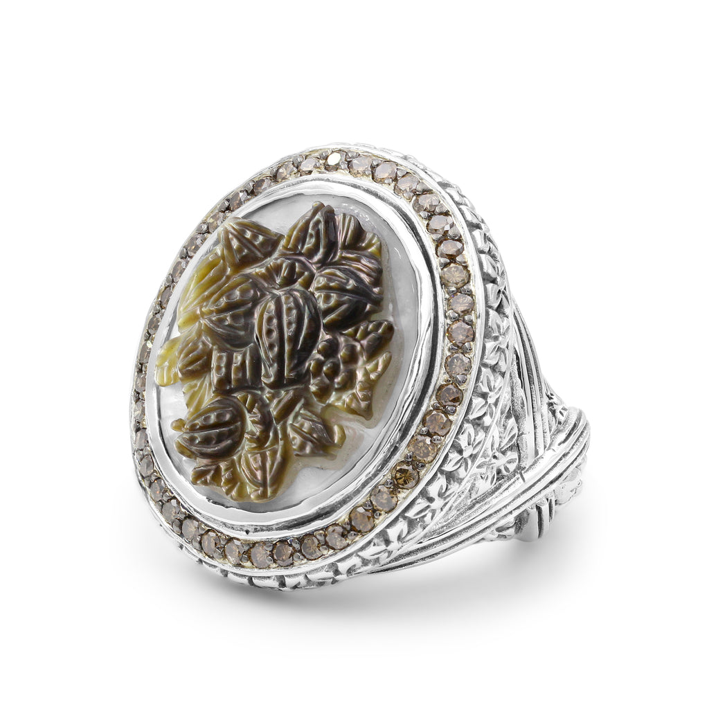 Legacy Hand Carved Tahitian Mother of Pearl Cameo and Champagne Diamond 0.75ct Ring in Sterling Silver