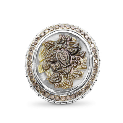 Legacy Hand Carved Tahitian Mother of Pearl Cameo and Champagne Diamond 0.75ct Ring in Sterling Silver
