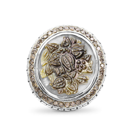 Legacy Hand Carved Tahitian Mother of Pearl Cameo and Champagne Diamond 0.75ct Ring in Sterling Silver