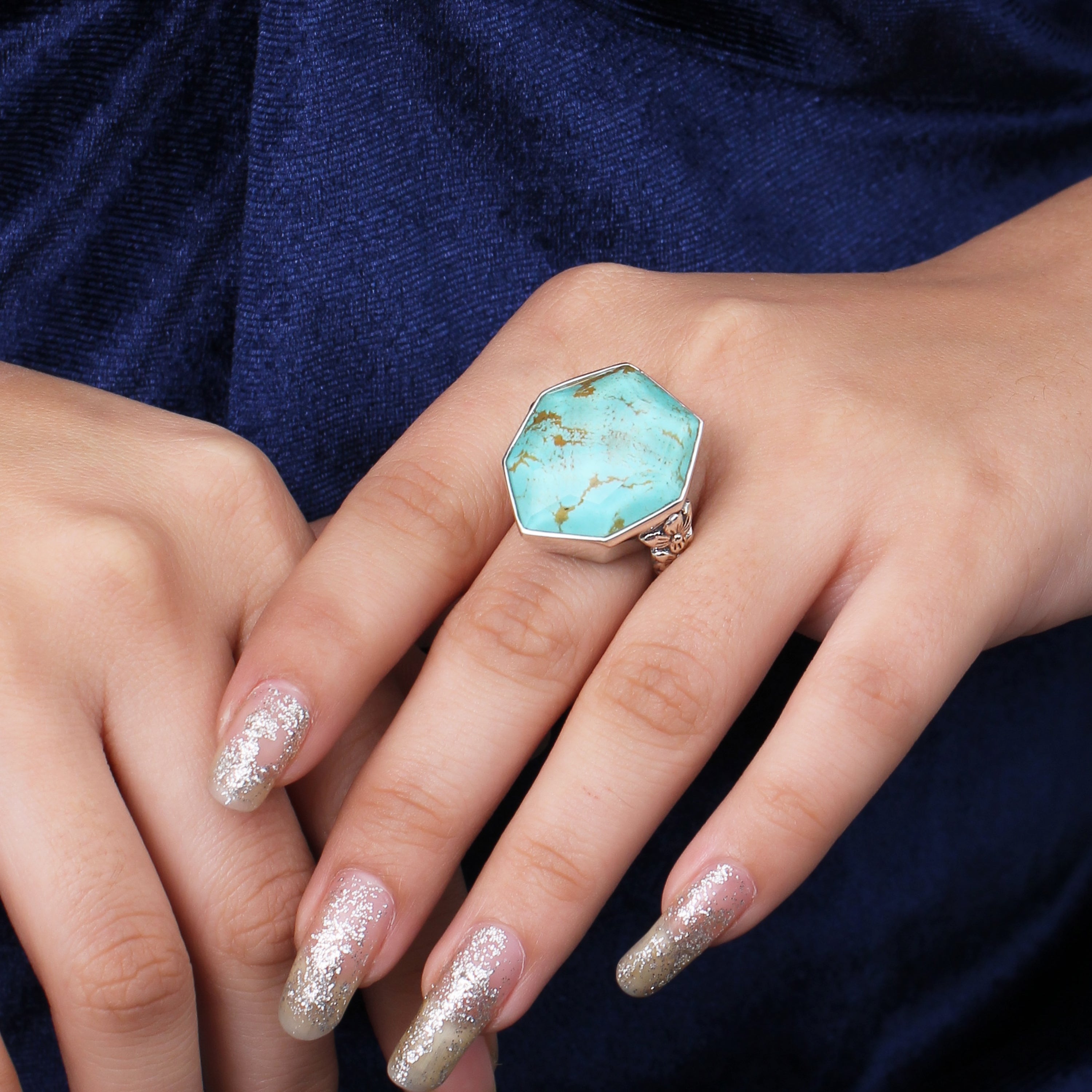 Galactical Faceted Natural Quartz and Turquoise Ring in