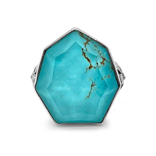Galactical Faceted Natural Quartz and Turquoise Ring in Sterling Silver