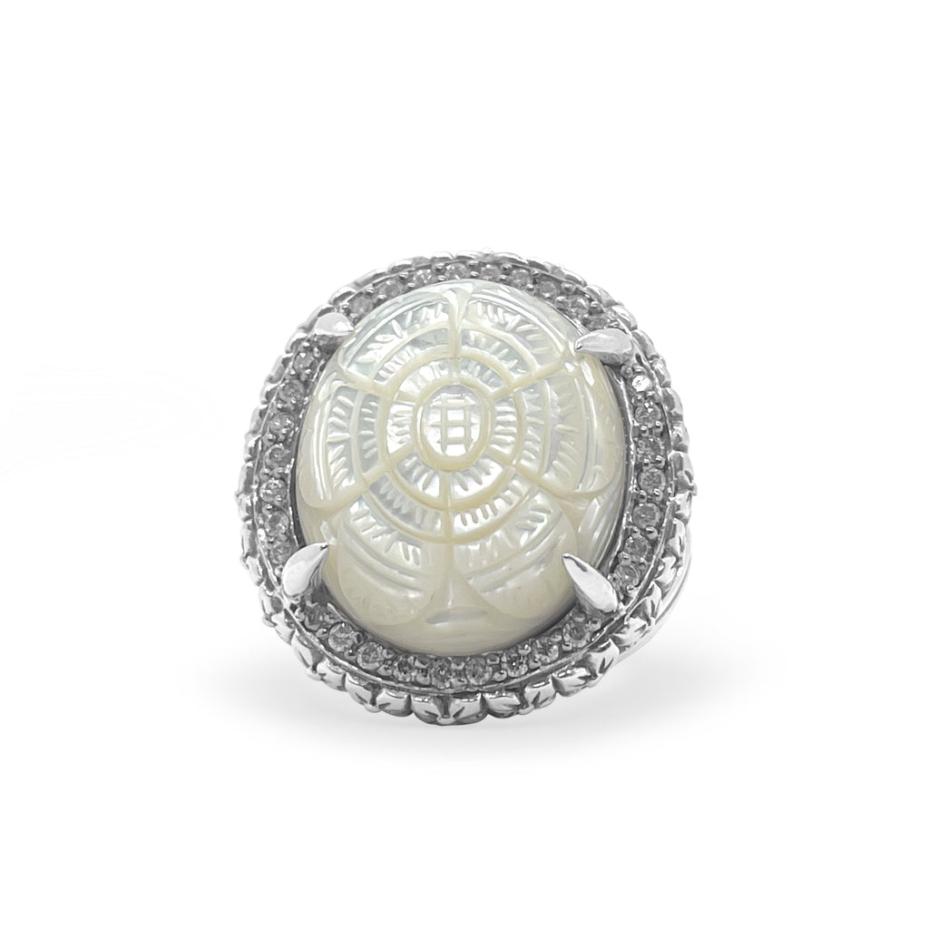 Legacy Hand Carved Mother of Pearl Ring with 0.50ct Champagne Diamonds in Sterling Silver