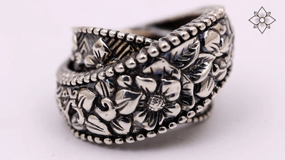 Kyoto Flower Engraved Sterling Silver Bypass Band