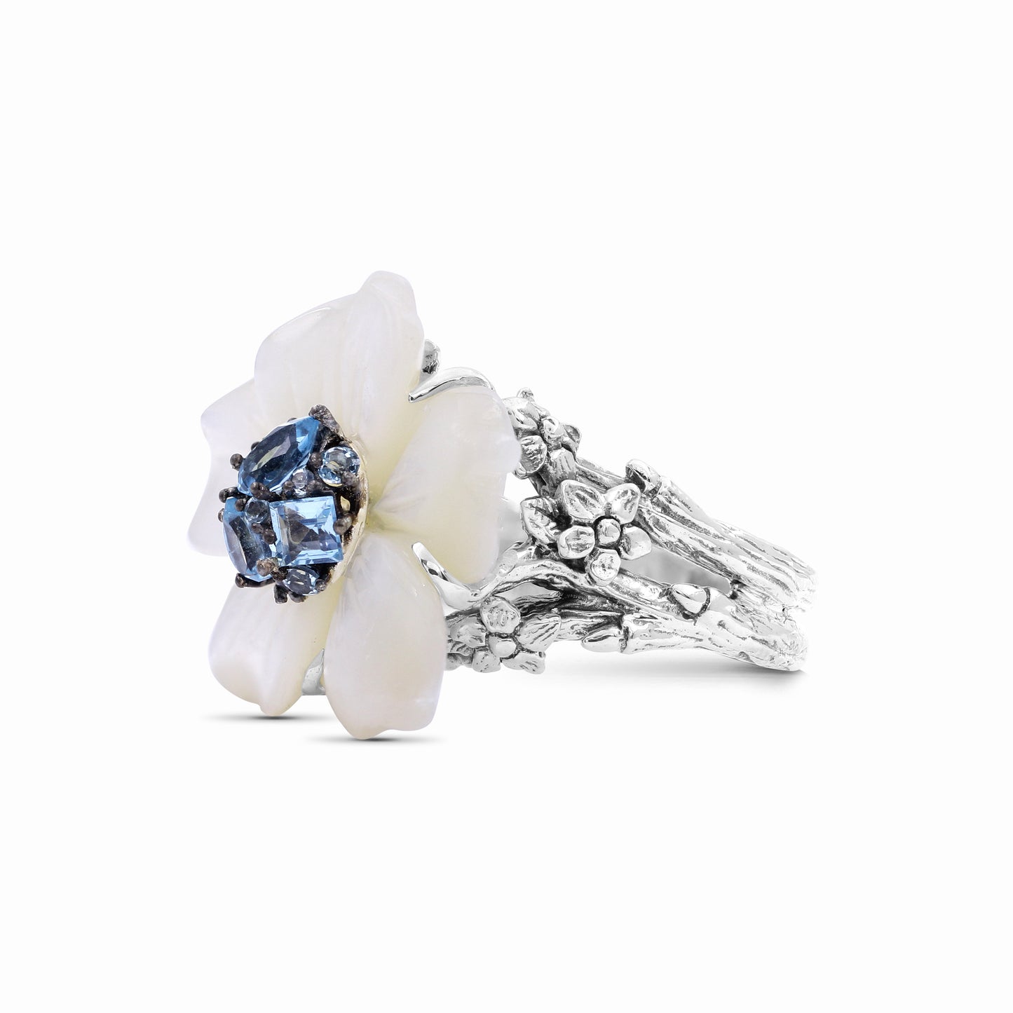 Colorbloom Hand Carved Large Mother of Pearl Carved Flower set with Swiss Blue Topaz in Sculped Silver Ring