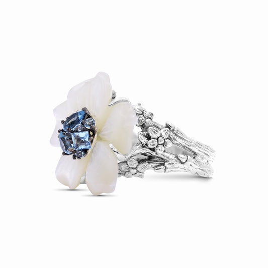 Colorbloom Hand Carved Large Mother of Pearl Carved Flower set with Swiss Blue Topaz in Sculped Silver Ring