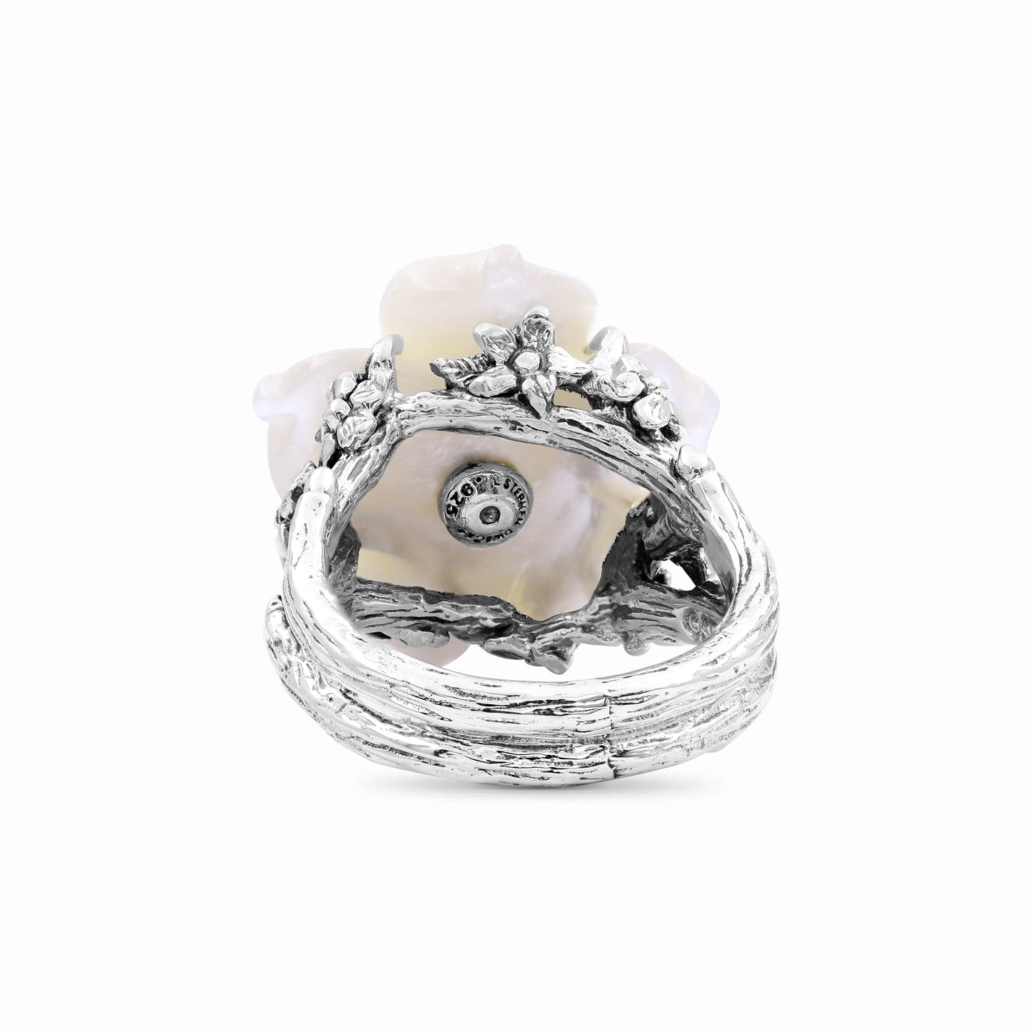 Colorbloom Hand Carved Large Mother of Pearl Carved Flower set with Swiss Blue Topaz in Sculped Silver Ring