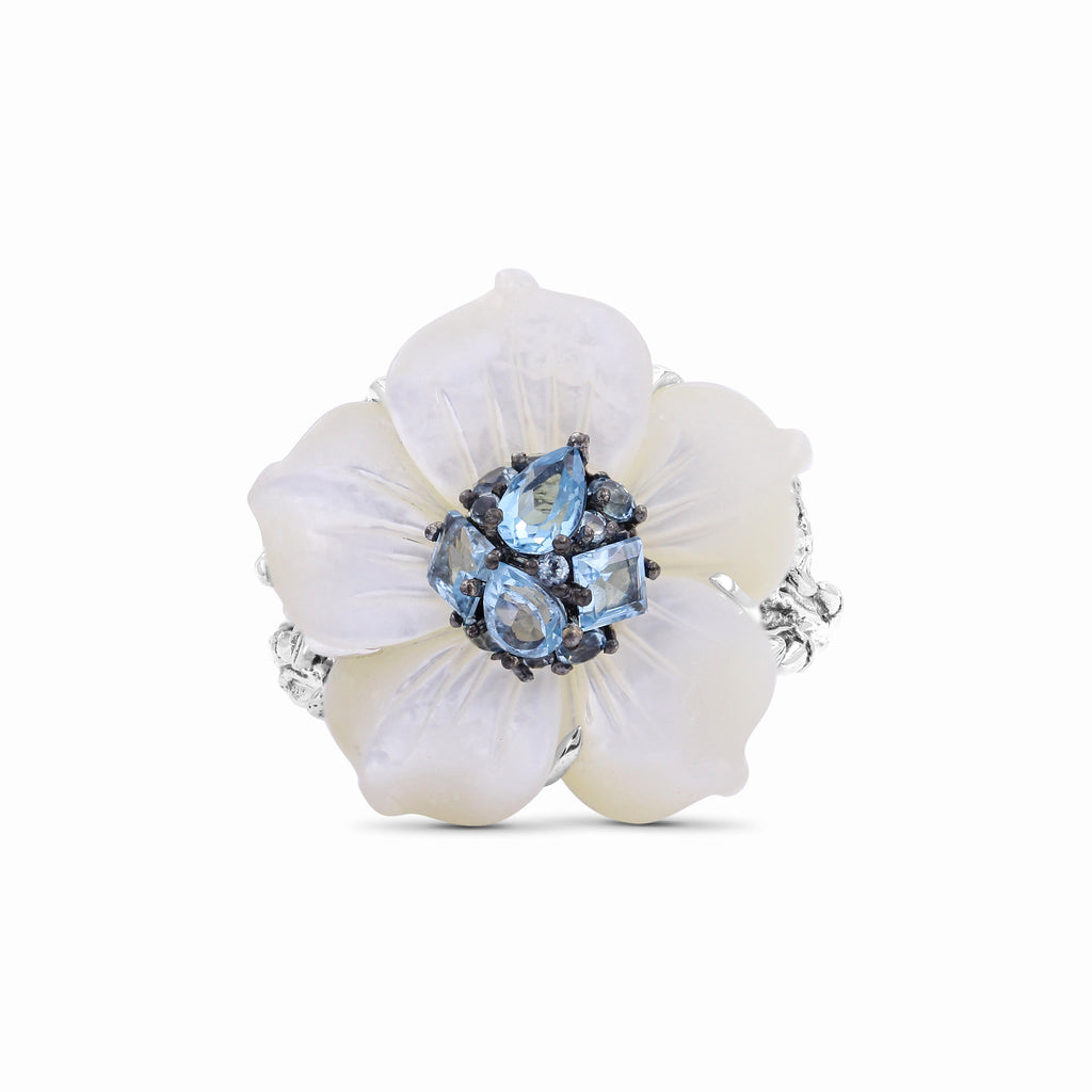 Colorbloom Hand Carved Large Mother of Pearl Carved Flower set with Swiss Blue Topaz in Sculped Silver Ring