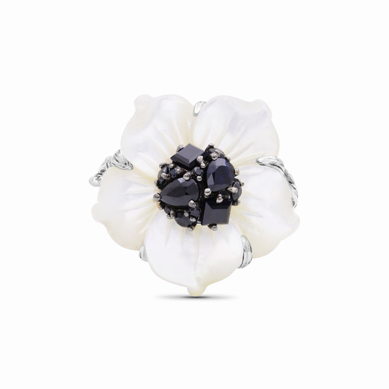 Colorbloom Hand Carved Large Mother of Pearl Carved Flower set with Black Spinel in Sculped Silver Ring
