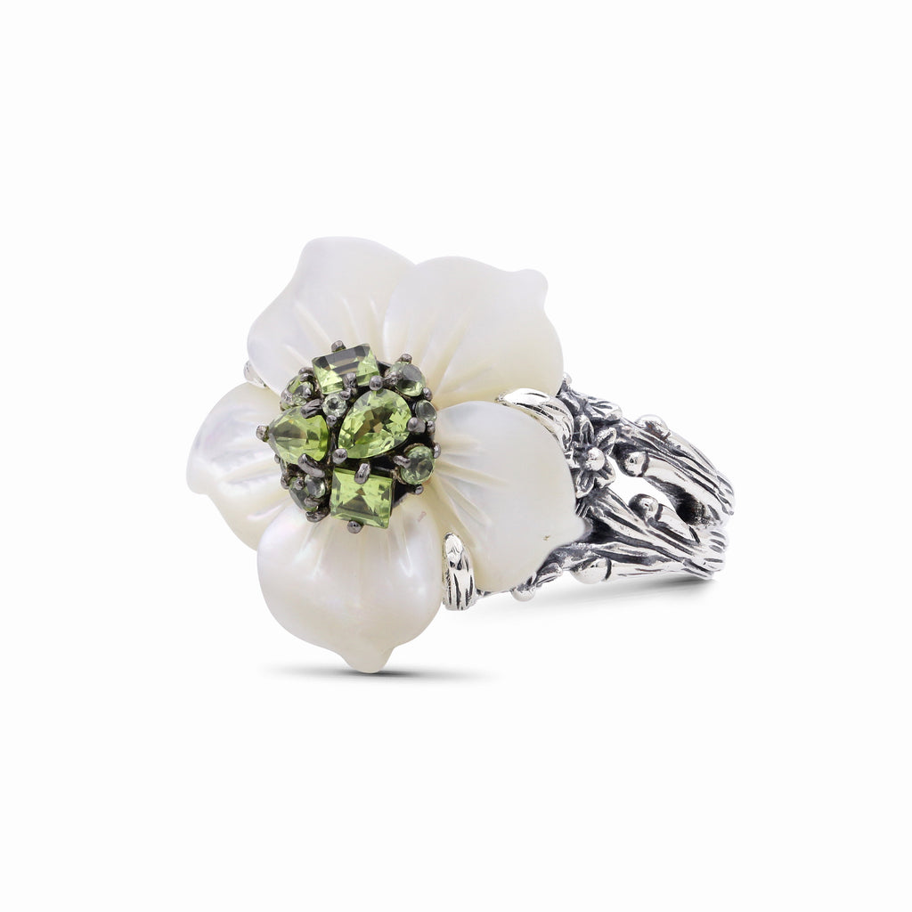 Colorbloom Hand Carved Large Mother of Pearl Carved Flower set with Peridot in Sculpted Silver Ring