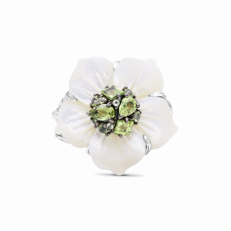 Colorbloom Hand Carved Large Mother of Pearl Carved Flower set with Peridot in Sculpted Silver Ring