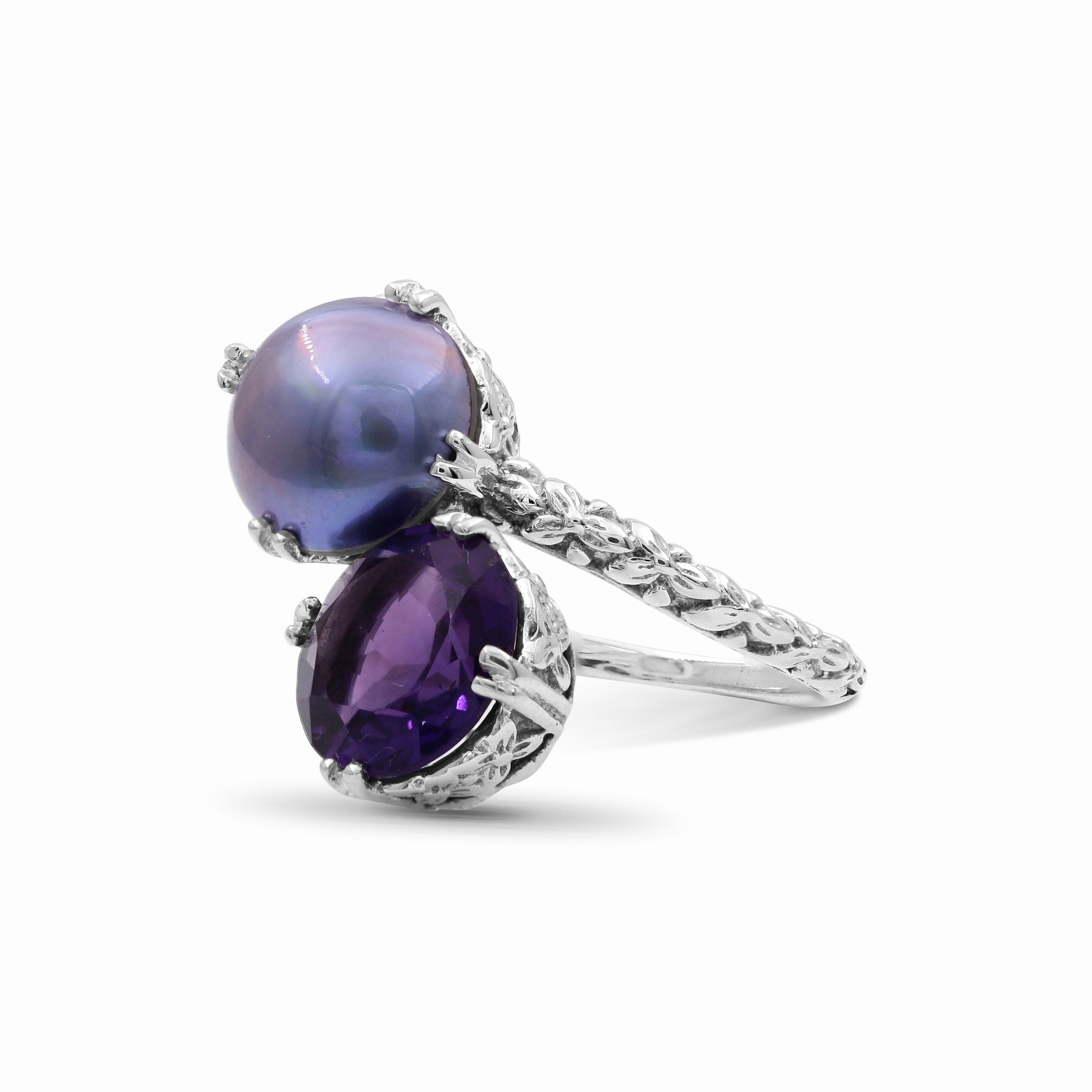 TerrAquatic Pearl and Faceted Amethyst Ring in Sterling Silver