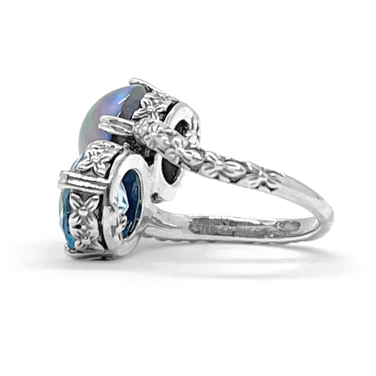 TerrAquatic Pearl And Faceted Sky Blue Topaz Ring in Sterling Silver