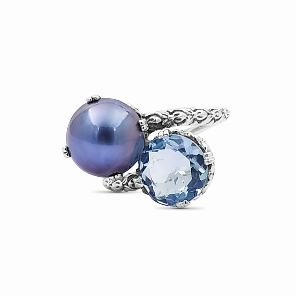 TerrAquatic Pearl And Faceted Sky Blue Topaz Ring in Sterling Silver