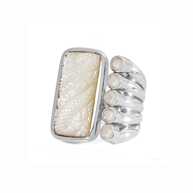 Carventurous Hand Carved Mother of Pearl and Faceted Moonstone Open and Close Ring in Sterling Silver