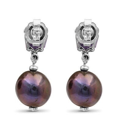 Galactical 43ct Amethyst,Peacock Pearl and 0.08ct White Diamond Earrings in Sterling Silver
