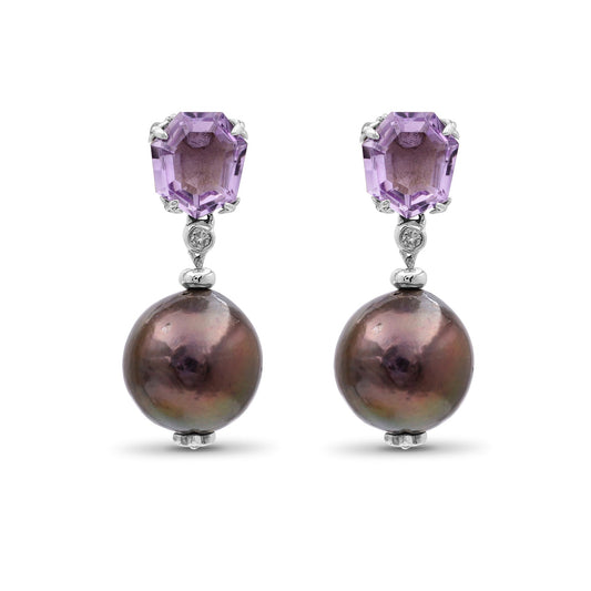 Galactical 43ct Amethyst,Peacock Pearl and 0.08ct White Diamond Earrings in Sterling Silver