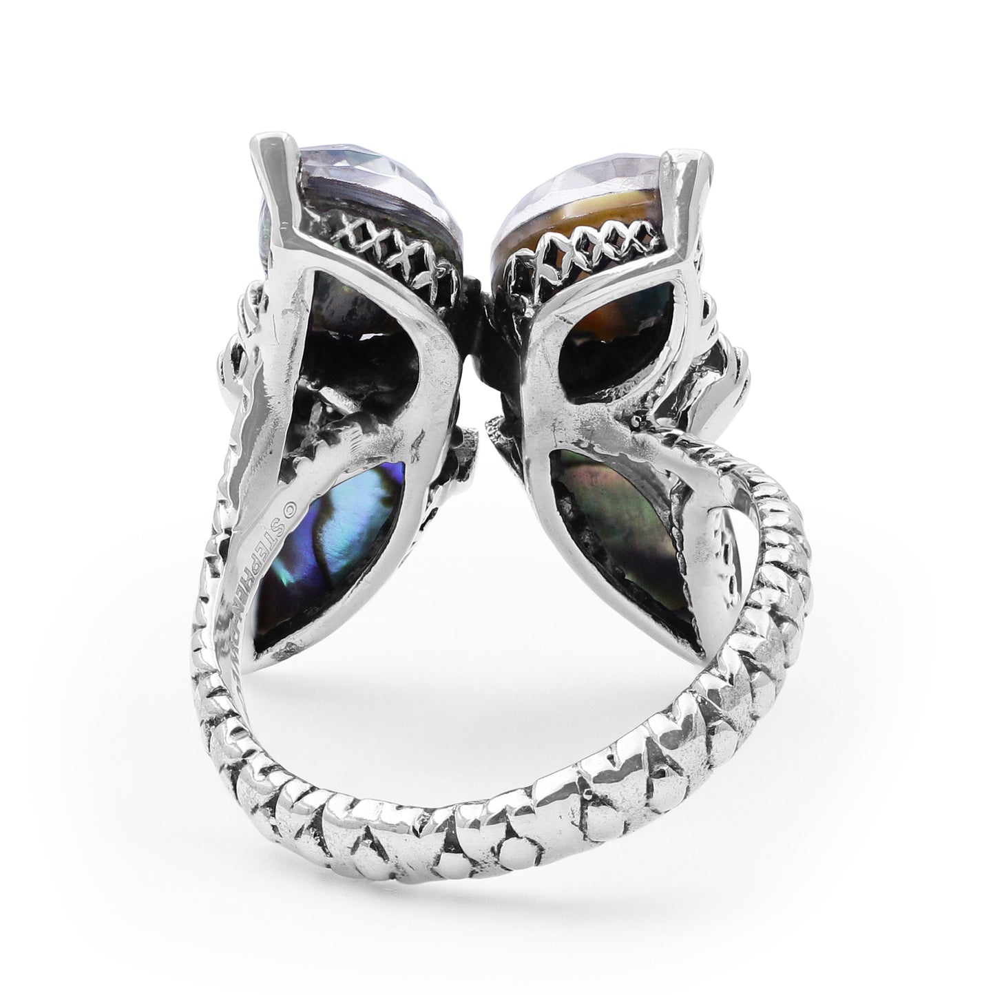 Garden of Stephen Faceted Natural Quartz Abalone and Rhodolite Garnet Butterfly Ring in Sterling Silver