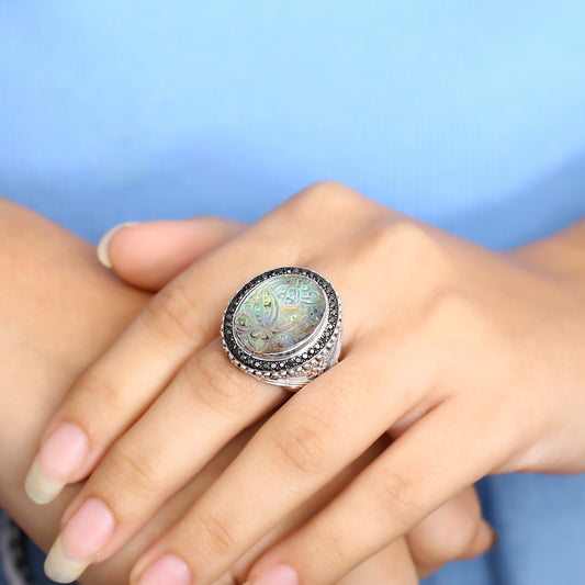 Carventurous Hand Carved Natural Quartz and Abalone Ring in Sterling Silver with 0.90ct Black Diamonds